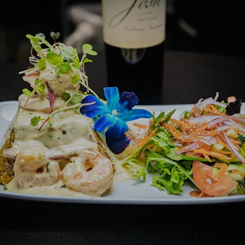 Mound of plantain with shrimp in creamy sauce, microgreens, blue flower, fresh side salad, and wine.