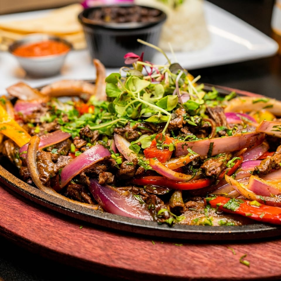 Sizzling beef fajitas with red onions, bell peppers, and fresh herbs on a wooden board.