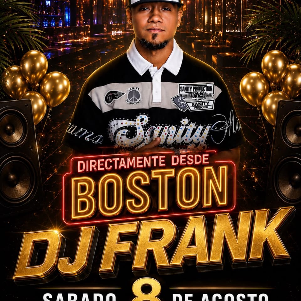 Promotional flyer for El Boulevard featuring DJ Frank with a bar background, golden balloons, and speakers.