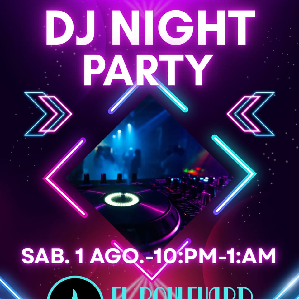 Flyer for El Boulevard's DJ Night Party with a DJ deck and neon lights.