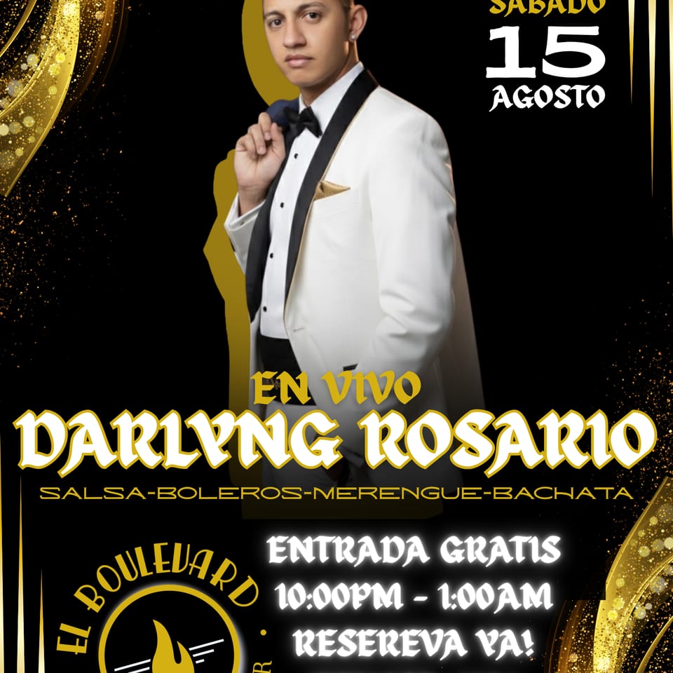 Darlyng Rosario in a white tuxedo on a black and gold event flyer.
