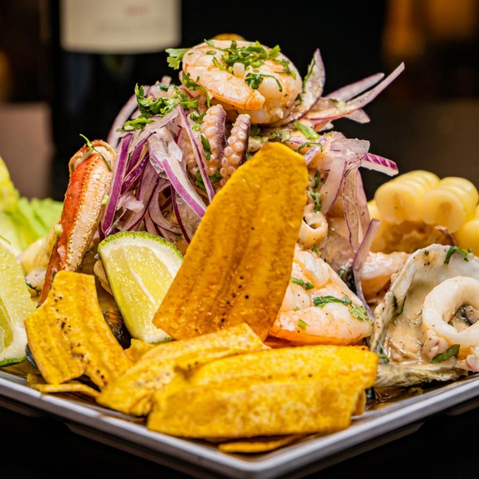 Vibrant Latin seafood ceviche with shrimp, octopus, crab, plantain chips, corn, red onion, and lime.