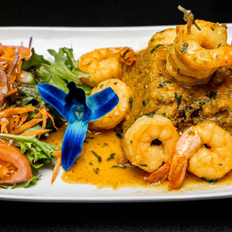 Plated shrimp and mofongo with a fresh salad, savory sauce, and a vibrant blue orchid garnish.