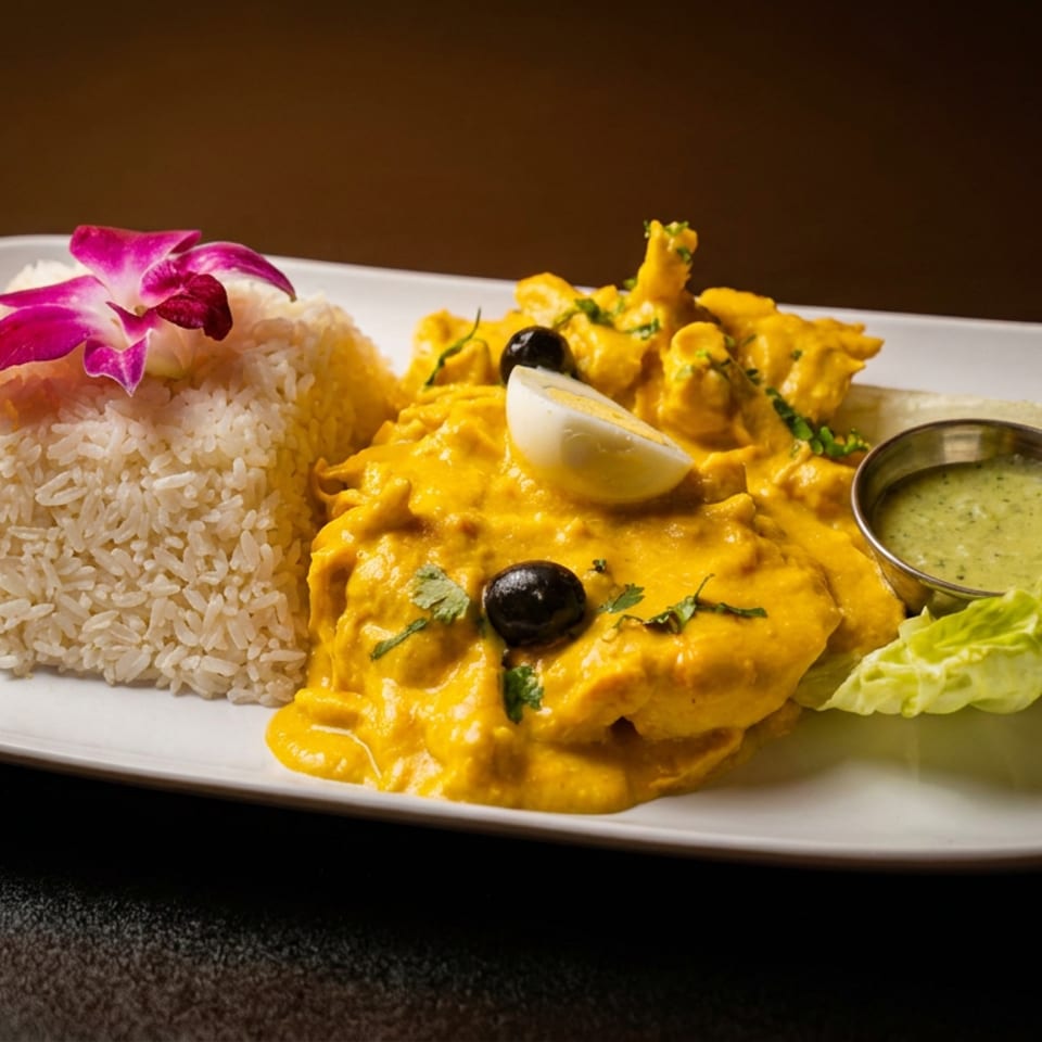 Peruvian Aji de Gallina with rice, olives, egg, and green sauce, garnished with a purple orchid.