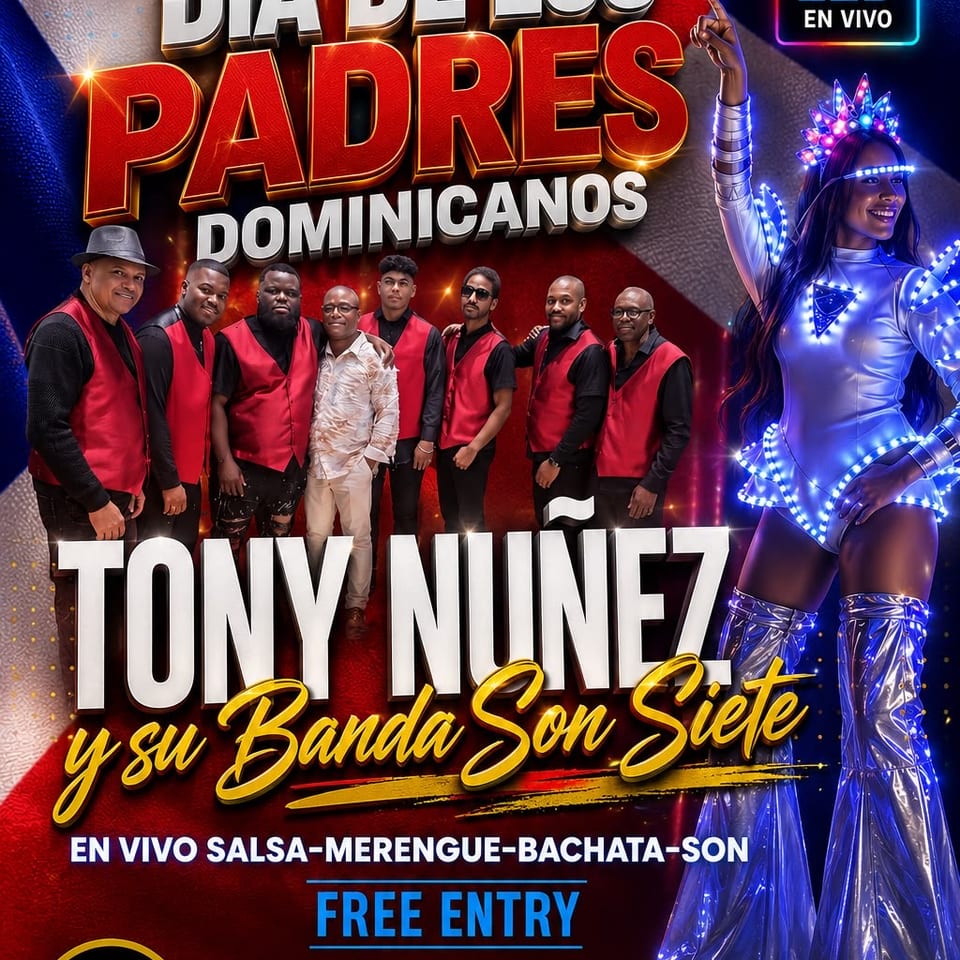 Dominican Father's Day celebration featuring a band and a woman in a glowing LED costume.